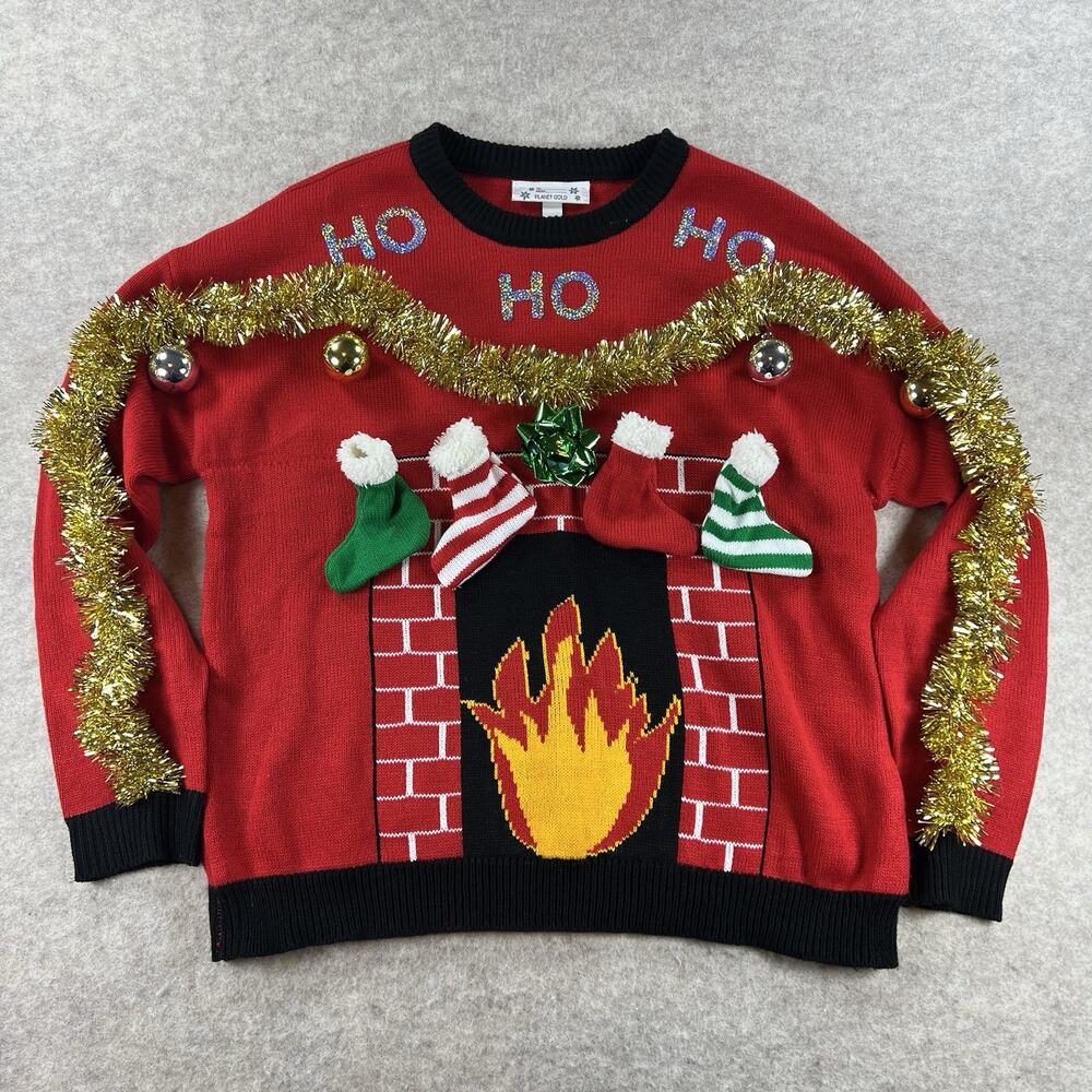 Ugly Christmas Sweater Fireplace Chimney Mantel 3D Stockings Women's Size XL